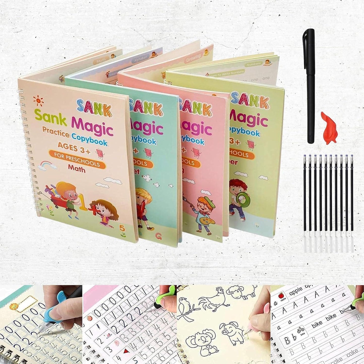 Sank Magic Book For Kids (Pack of 4Books, 10Refills, 1Pen, 1Grip)